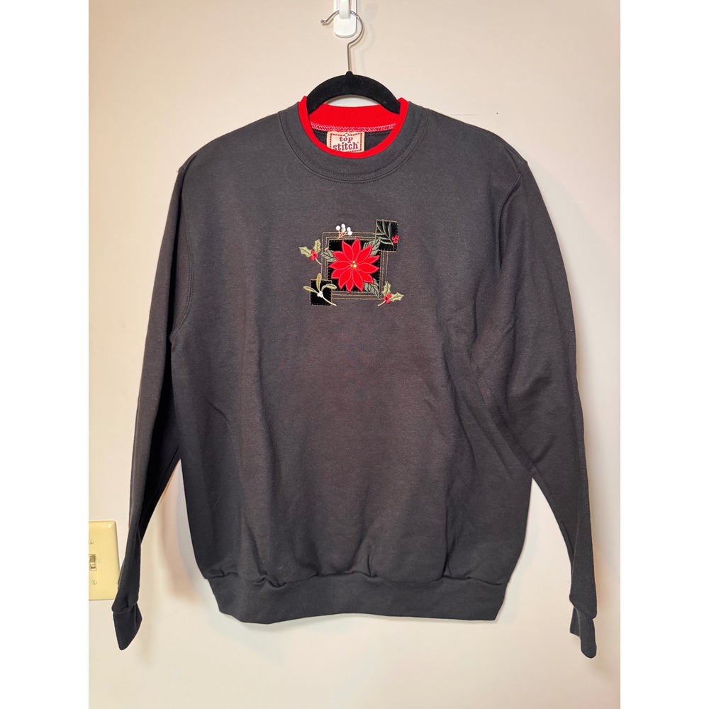 Top Stitch by Morning Sun Christmas Poinsettia Sweatshirt Black Red Large NWT